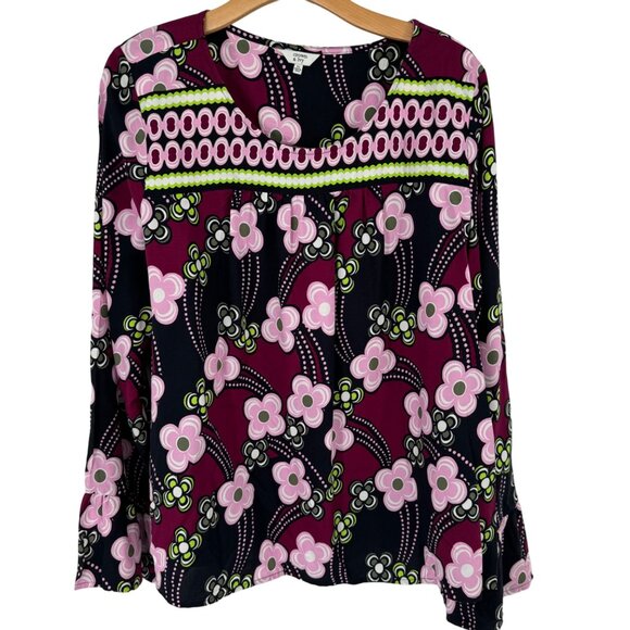 Crown and Ivy Womens Long Sleeve Blouse top size XL Burgundy pink floral BoHo - Picture 2 of 9
